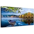 Arjun Lake Canvas Wall Art Blue Mountain Sky Nature Landscape Picture Boat Artwork Modern Scenic Painting Framed Large for Li