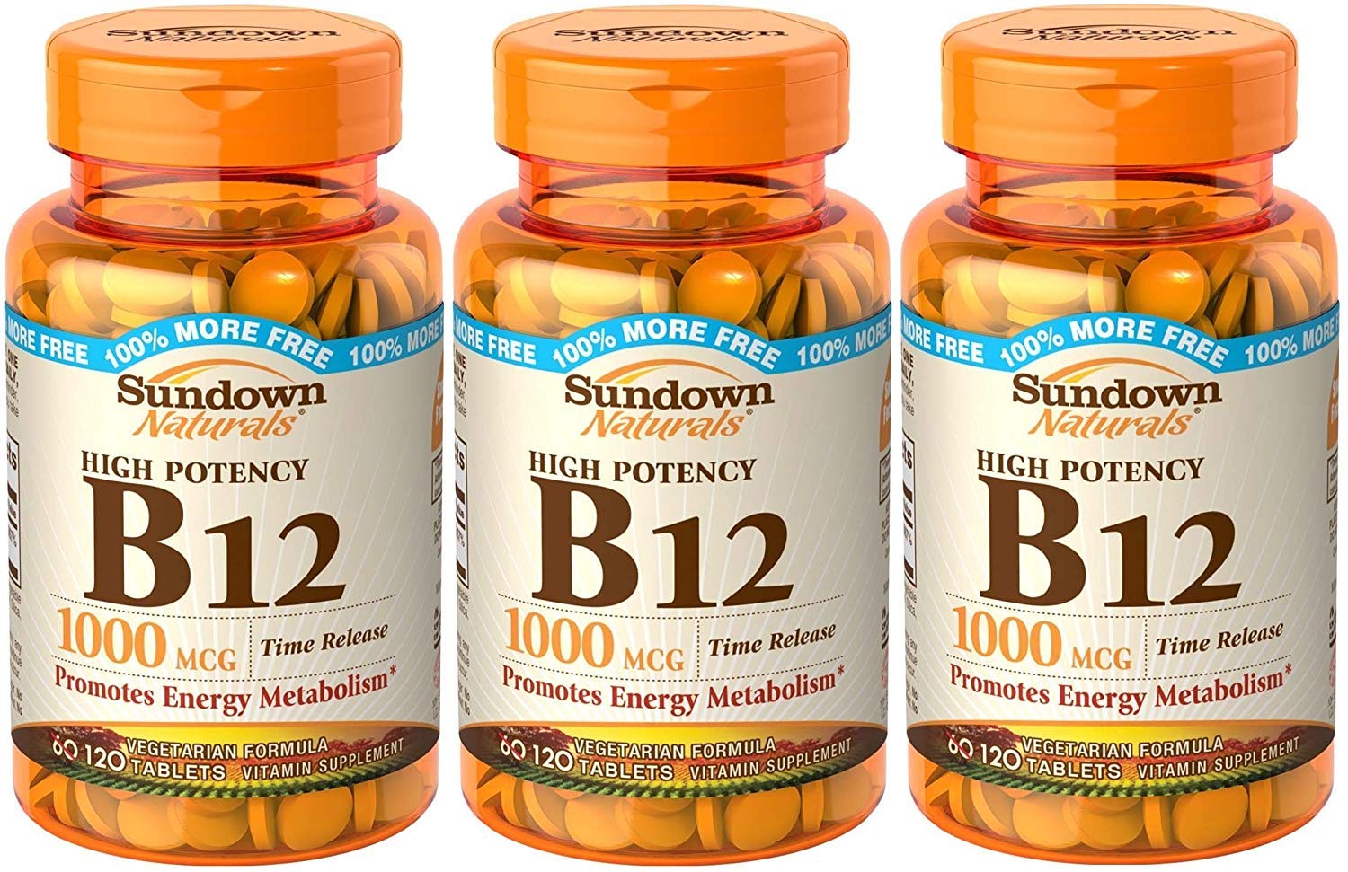 Sundown Naturals Vitamin B12 Tablets, 1000 mcg, 360 Tablets (3 X 120 Count Bottles)