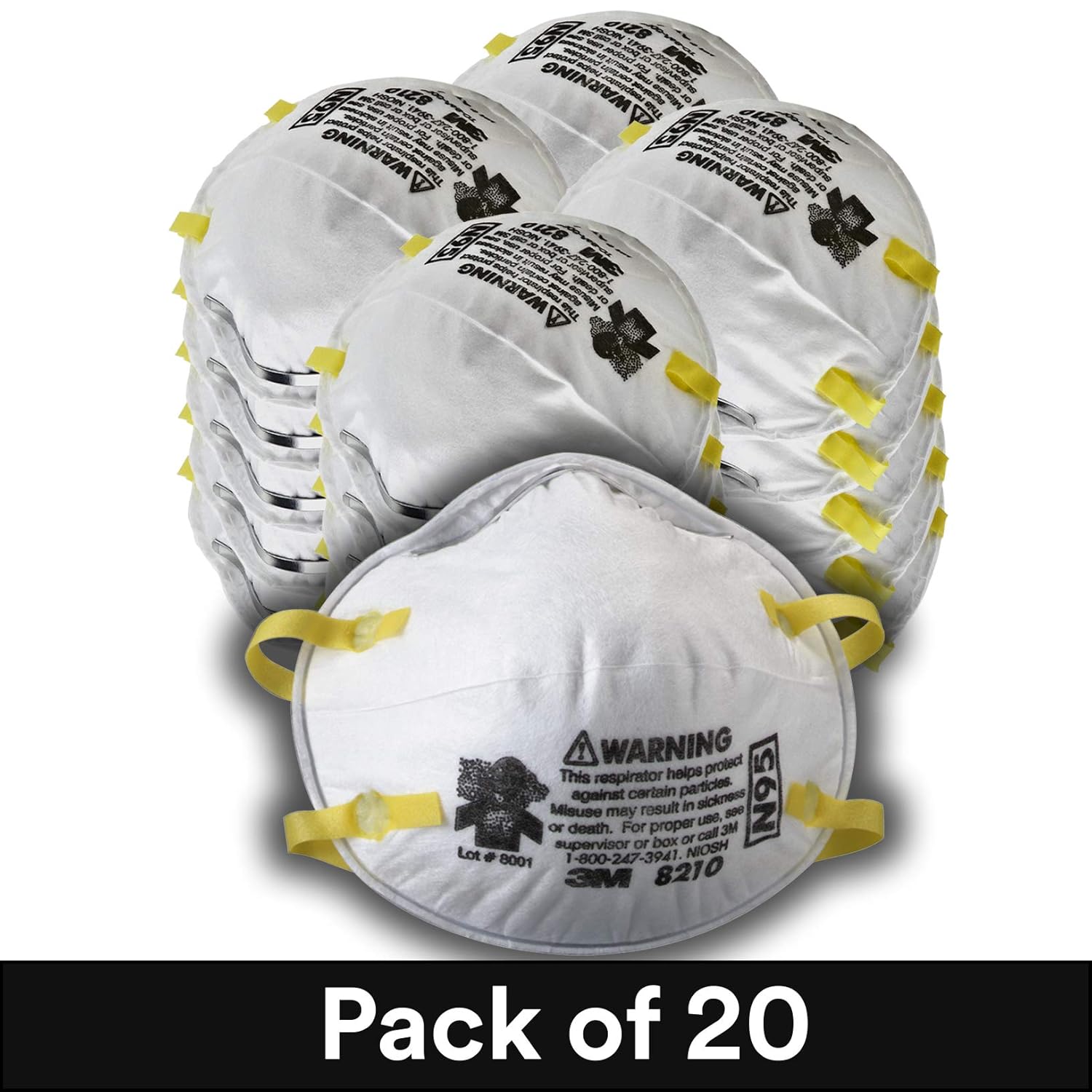 3M Particulate Respirator 8210, N95, Smoke, Dust, Grinding, Sanding, Sawing, Sweeping, 20/Pack