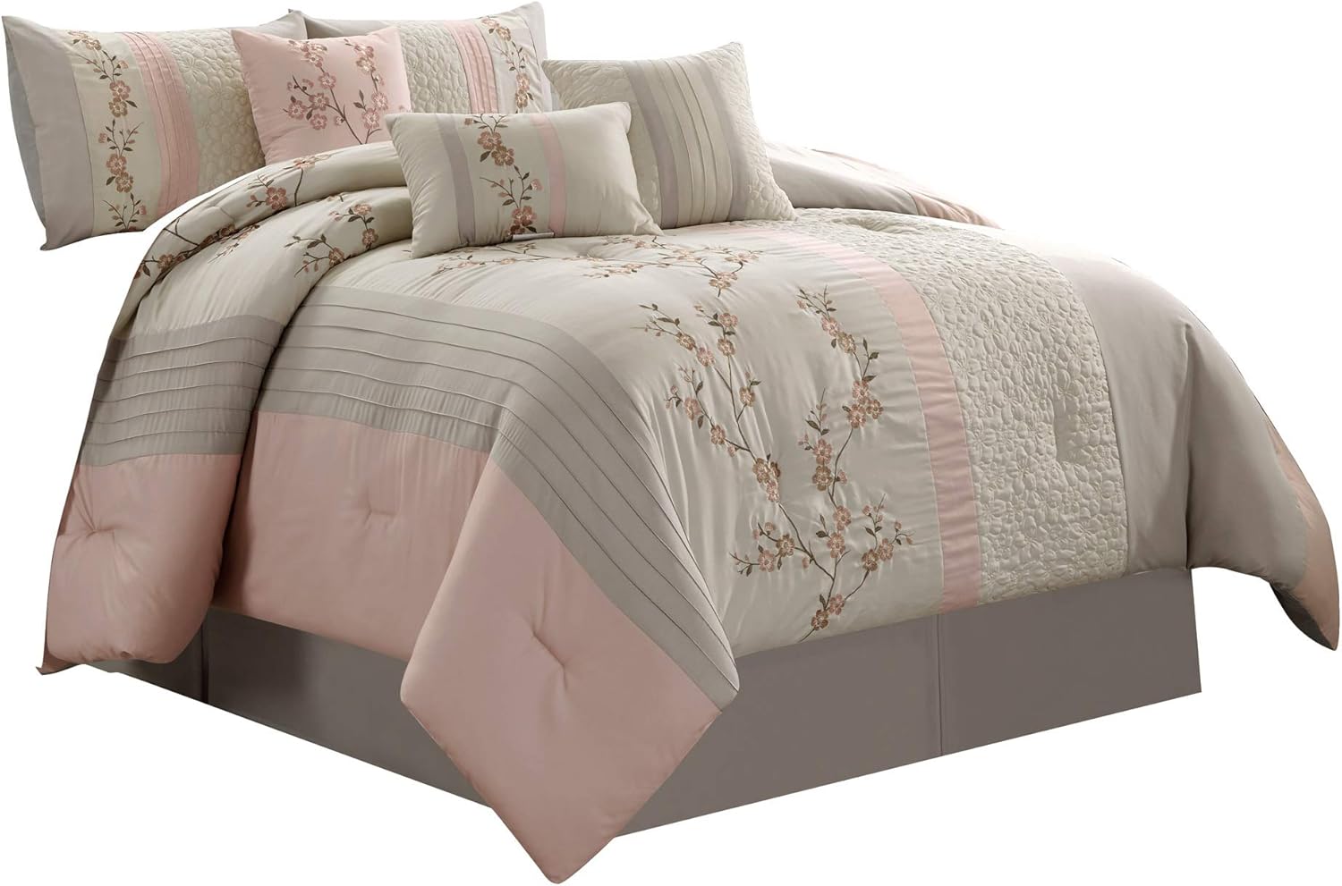 Chezmoi Collection Linnea 7-Piece Luxury Cherry Blossom Floral Embroidery Bedding Comforter Set, King, Blush/Neutral/Light Taupe