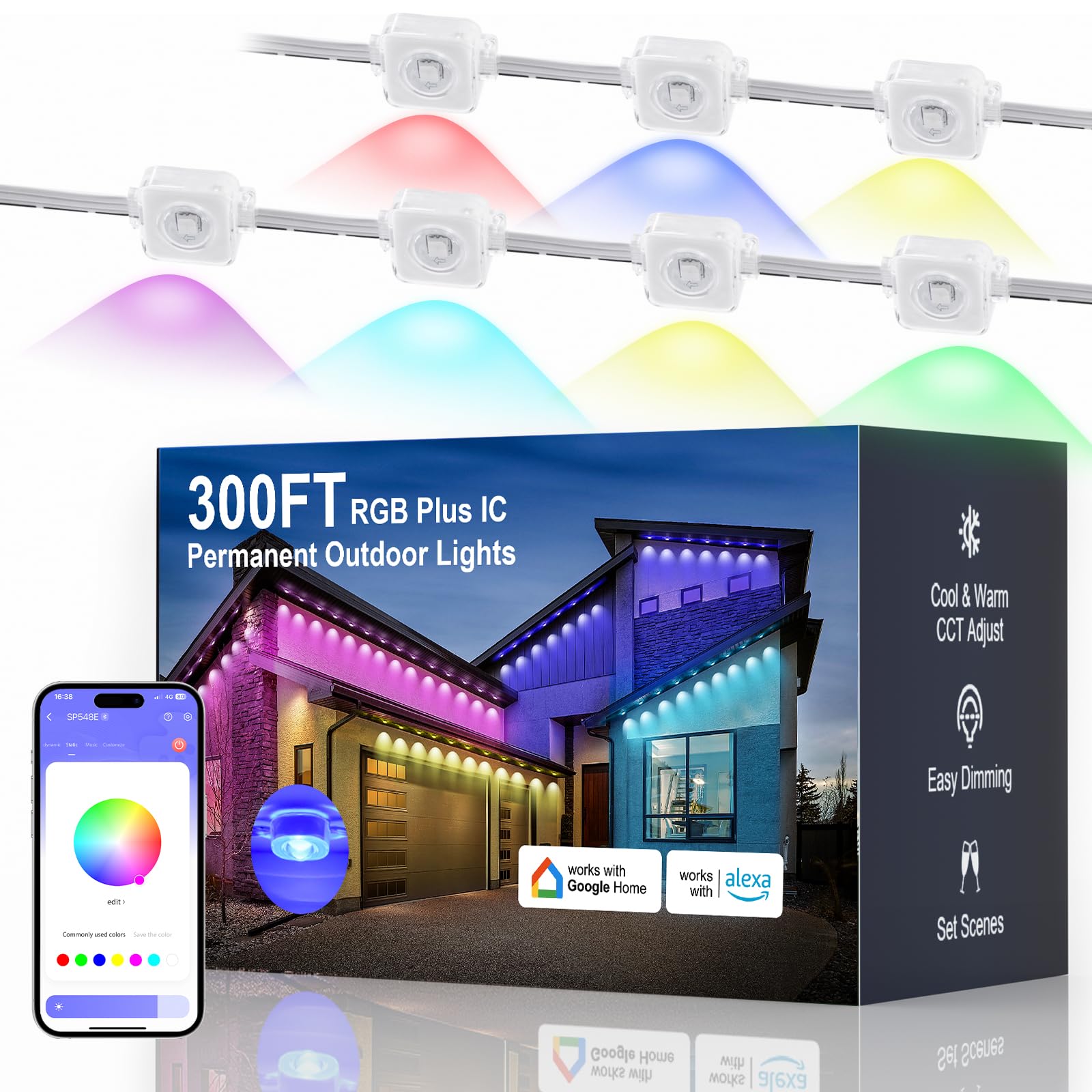 Photo 1 of Fussion Permanent Outdoor Lights for House 300ft, IP68 Waterproof Outside Lights with 4 Control Methods, Smart RGB Plus IC Eaves Lighting for Christmas All Holiday Decorations