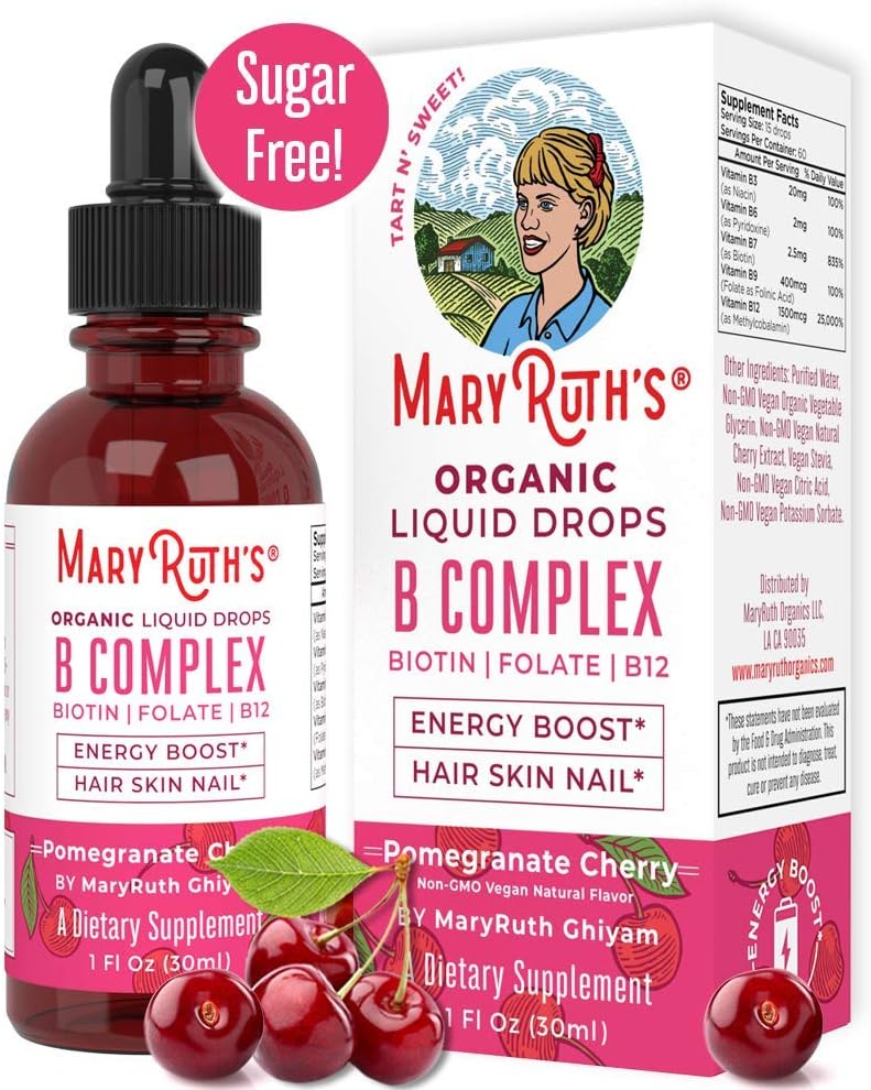 Organic Vitamin B Complex by MaryRuth - Hair Skin Nails Energy - Methyl B12 - Folate - Biotin - Niacin - Liquid Sublingual Supplement - Vitamins B3, 6, 7, 9, 12 - Vegan Non-GMO Tart Cherry - Glass 1oz