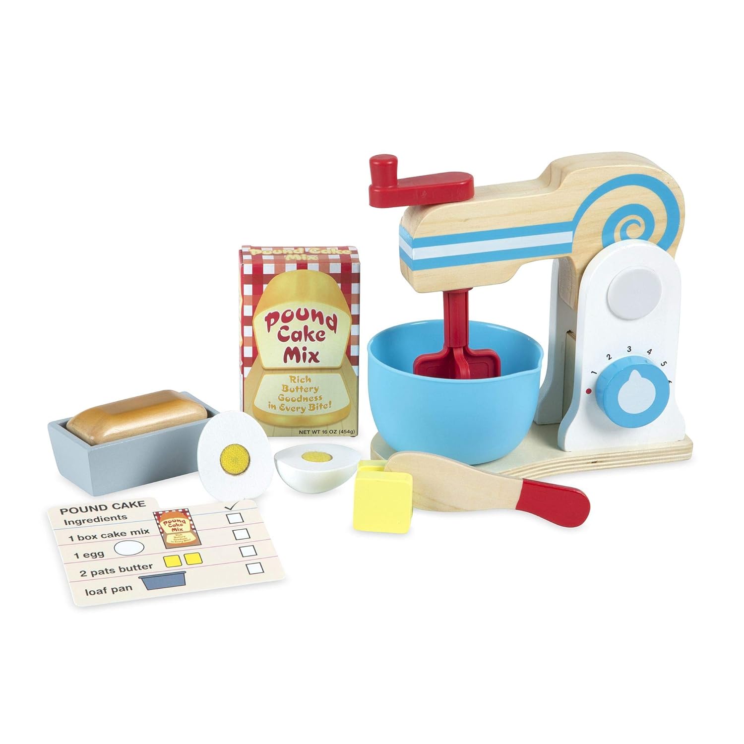 Melissa & Doug Wooden Make-a-Cake Mixer Set, Kitchen Toy, Numbered Turning Dials, Encourages Creative Thinking, 11-Piece Set, 13.5″ H × 10″ W × 5″ L