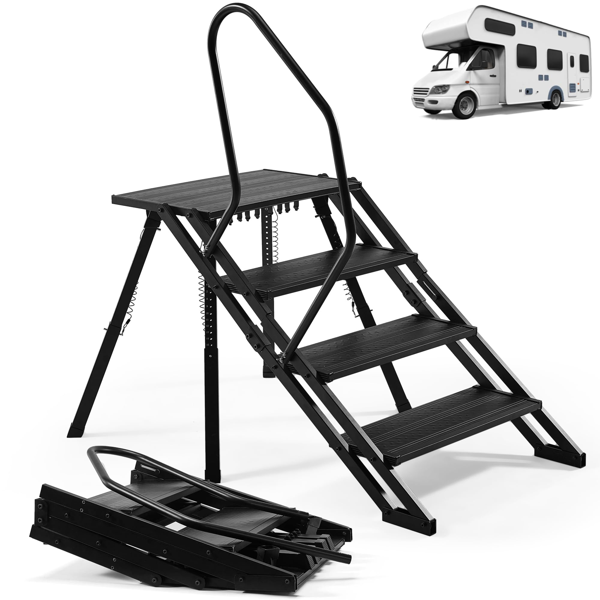 Photo 1 of RV Steps Foldable, Aluminum Step Ladder 4 Step Folding Adjustable Steps Height with Handrail and Non Slip Feets for 5th Wheel RV, Travel Trailer, Home, Camper, Spa, Hot Tub Steps, and Porch