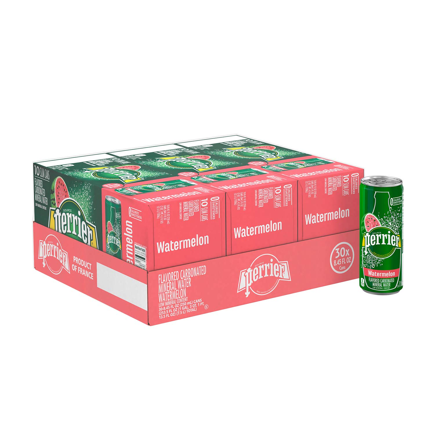 Perrier Watermelon Flavored Carbonated Mineral Water, 8.45 Fl Oz (30 Pack) Slim Cans