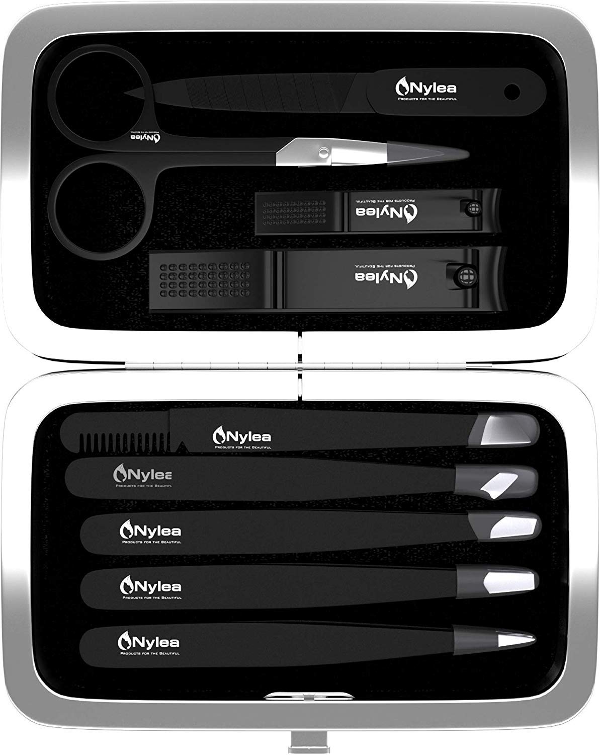 Nylea 9pcs Precision Tweezers & Nail Clippers Set [Stainless Steel] Pedicure Scissors, Toenails Cuticle Cutter Clipper Fingernails Grooming Kit for Men & Women Eyebrows Facial Hair [Free Leather Case]