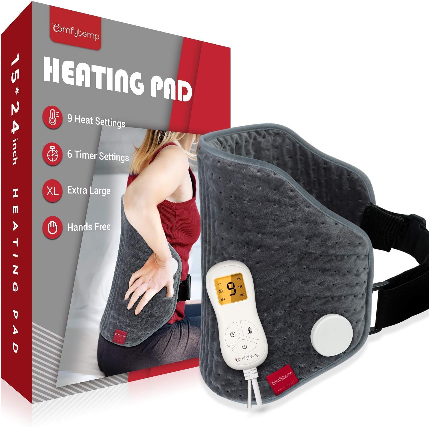 Upgraded Heating Pad for Back Pain Relief, Comfytemp XL Electric Heated Back Wrap with Strap, 9 Heat Settings, Stay On, 5 Auto-Off, Backlight for Cramps, Waist, Lower Back, Lumbar, Abdomen - 15