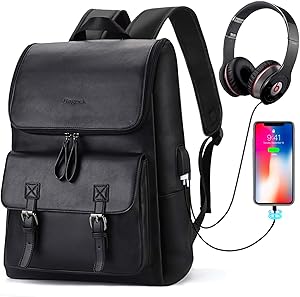 Bageek Backpack for Men, 15.6" Laptop Backpack Mens Backpack with USB Charging Port PU Leather Backpack Black