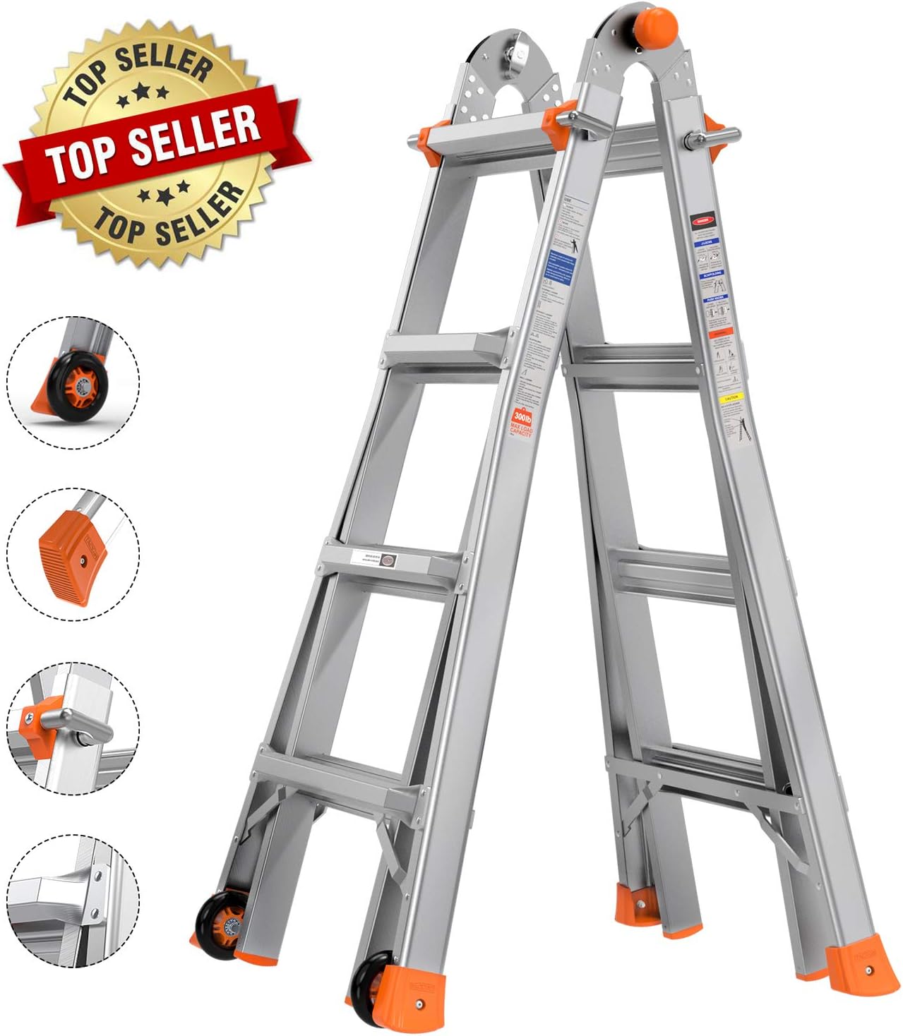 TACKLIFE Multi-Use Ladder, 17 Feet Aluminum Telescoping Ladder with 2 Flexible Wheels, Safe Protective Switch, Non-Slip Rubber Feet, 300lb Capacity Extension Ladder