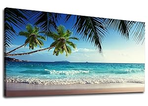 yearainn Canvas Wall Art Summer Ocean Waves Coconut Trees on Sands Beach Panoramic Seascape Scenery Painting - Long Canvas Artwork Sea Contemporary Nature Picture for Home Office Wall Decor 20" x 40"