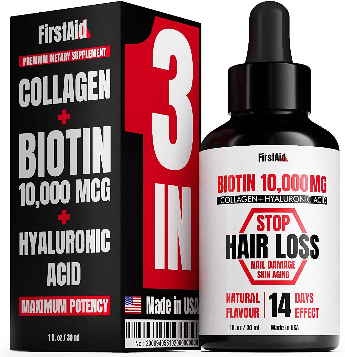 Biotin 10000 mcg - Hair Growth Vitamins - Includes Collagen and Hyaluronic Acid (3-in-1) - US Made - Organic and Natural Skin and Nails Vitamins - Liquid Oil Drops Against Hair Loss