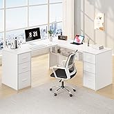 HSH White L Shaped Desk with Drawers Shelves, Large Home Office Corner Computer Desk with Storage File Cabinet, Modern Metal 