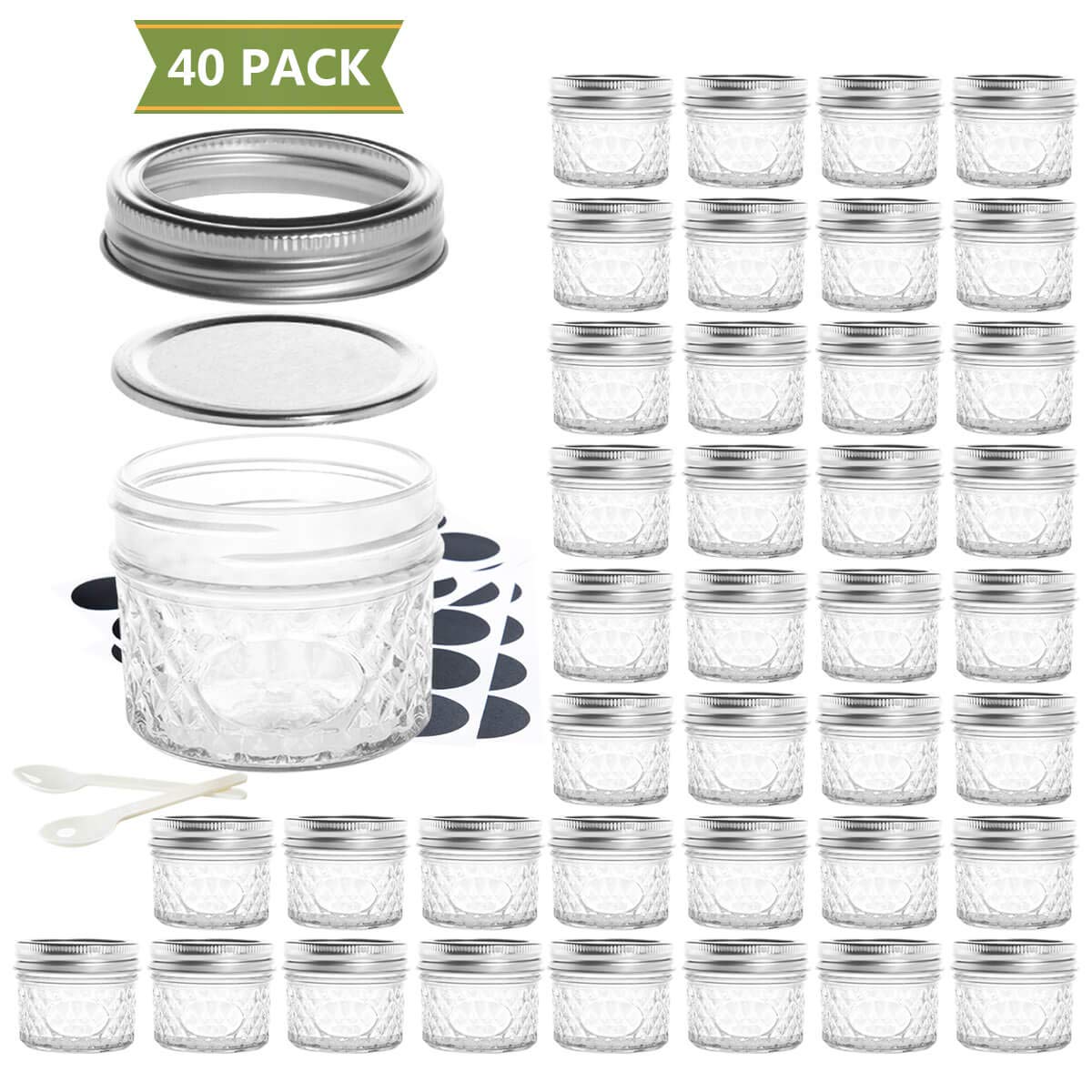 SXUDA Mason Jar BPA-Free 4oz Mini Canning Jars with Regular Lids and Bands Jelly Jars for Jam, Honey, Wedding Favors, Shower Favors, Baby Foods, DIY Magnetic Spice Jars, 40 PACK