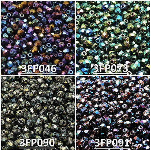 Czech Fire-Polished Faceted Glass Beads Round 3mm. Four Colors. Total 400 pcs. Set 3SFP 402 (3FP046 3FP073 3FP090 3FP091)