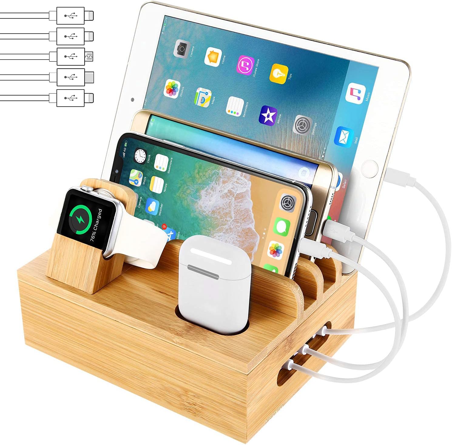 Bamboo Charging Station Dock for 4/5 / 6 Ports USB Charger with 5 Charging Cables Included, Desktop Docking Station Organizer for Cellphone,Smart Watch,Tablet(No Power Supply)