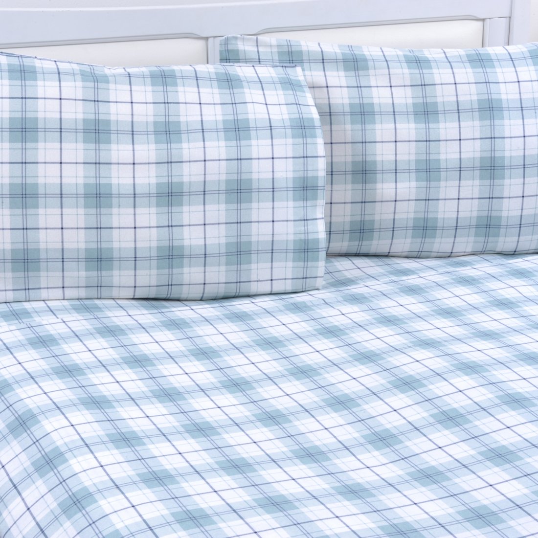 Mellanni TwinXL Flannel Sheet Set - 3 pc Printed Luxury 100% Cotton - Lightweight Bed Sheets - Cozy, Soft, Warm, Breathable Bedding - Deep Pockets - All Around Elastic (Twin XL, Plaid Blue – Green)