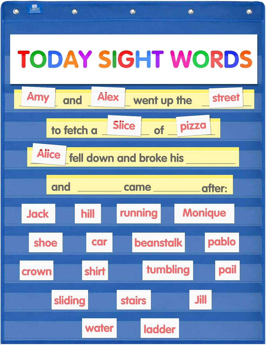 Classroom pocket chart with fill-in-the-blank options for educating.