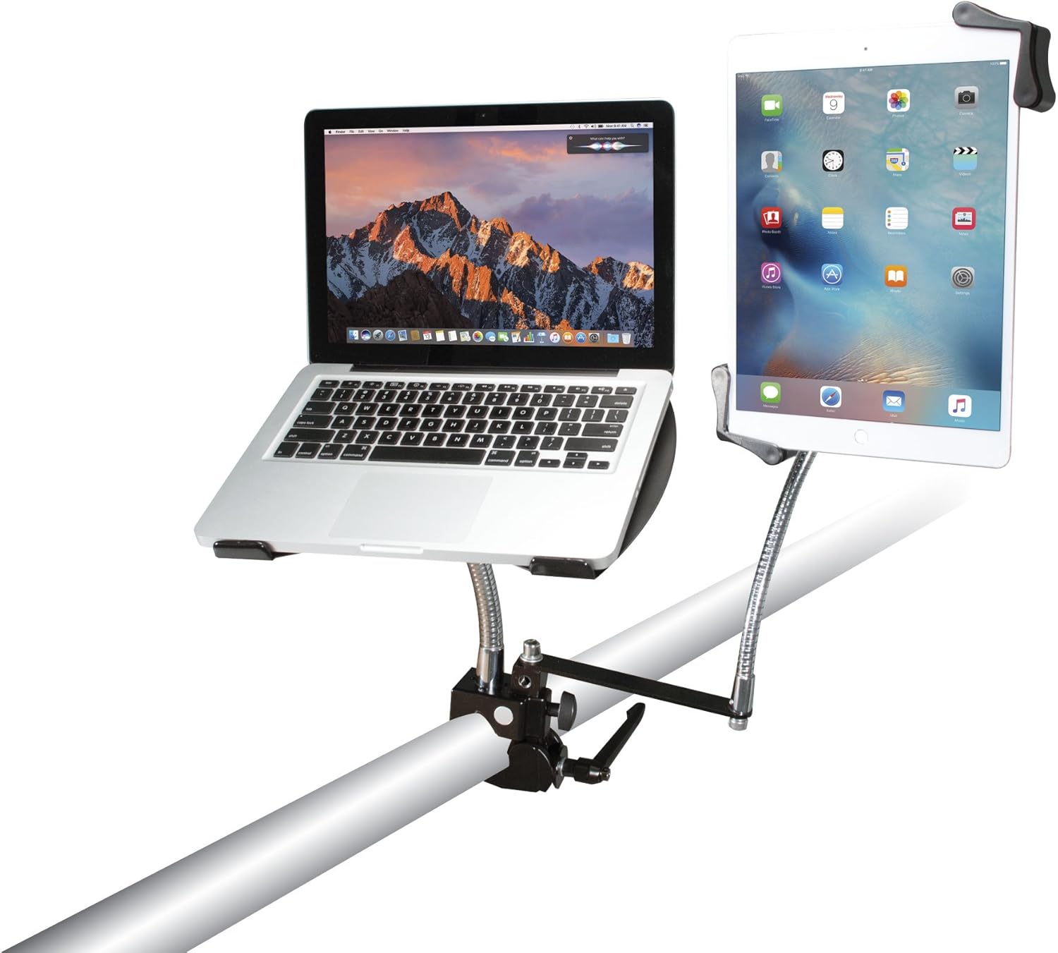 CTA Digital: Heavy-Duty Dual Gooseneck Clamp Stand with Laptop and Tablet Holders, 7-13