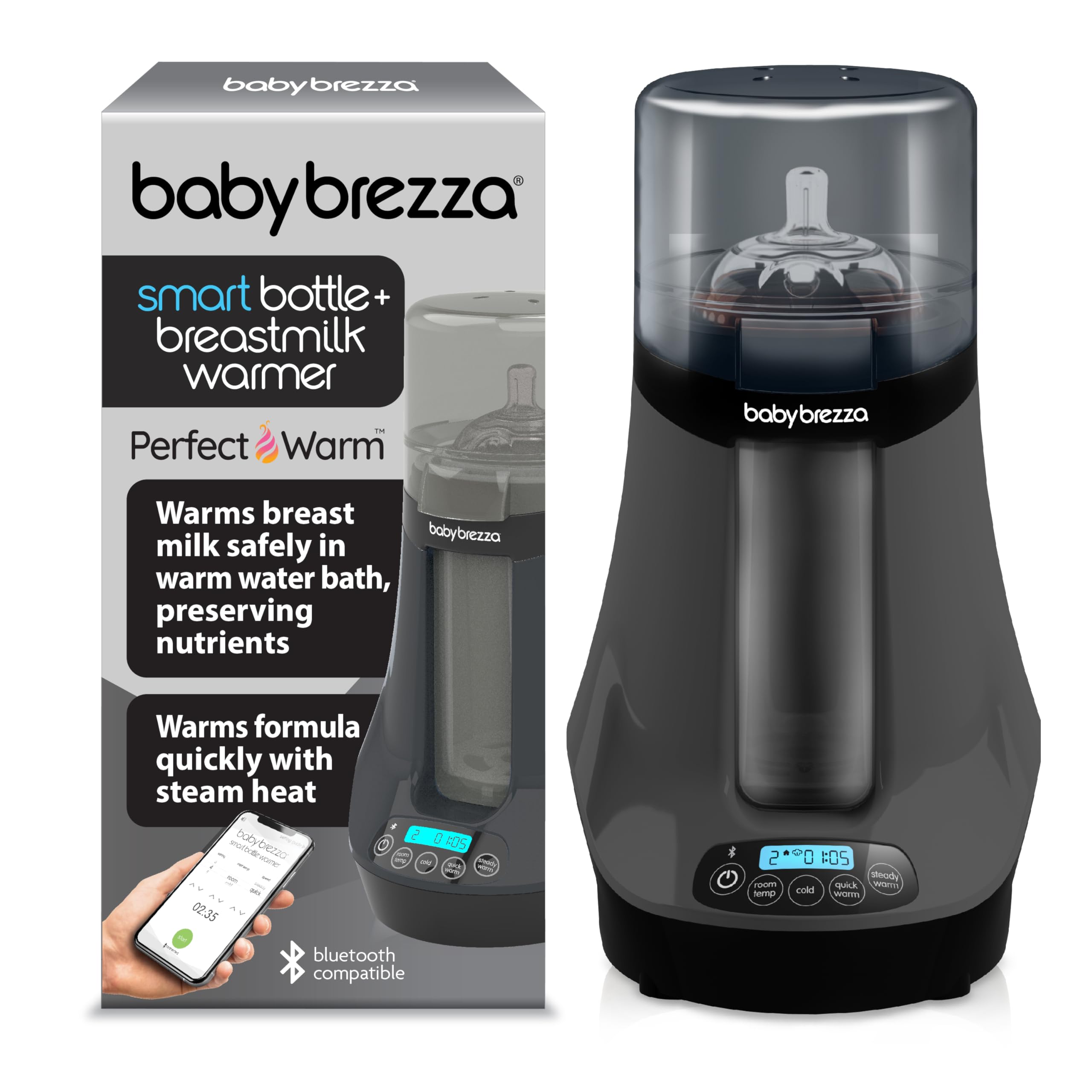 Photo 1 of Baby Brezza Smart Baby Bottle Warmer, Breastmilk Warmer + Defroster + Baby Food Warmer - Universal Fit for All Baby Bottle Sizes and Types, Breastmilk Bags + Food Jars - Bluetooth Control, Charcoal