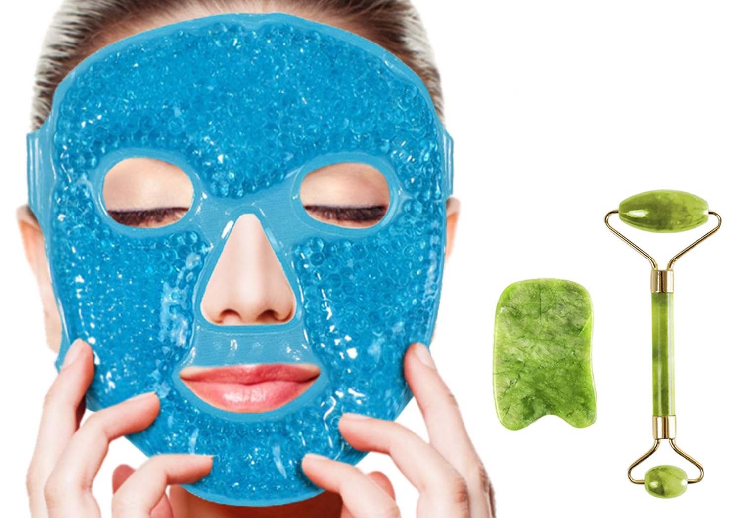 Puffy Eyes Gel Pack Mask with Jade Roller and Gua Sha Tool,100% Real Ficial Ice Jade Roller Anti Wrinkle Mask Therapy Pack Reusable Large for Face & Eye Puffiness Migraine Relief Gifts for Women