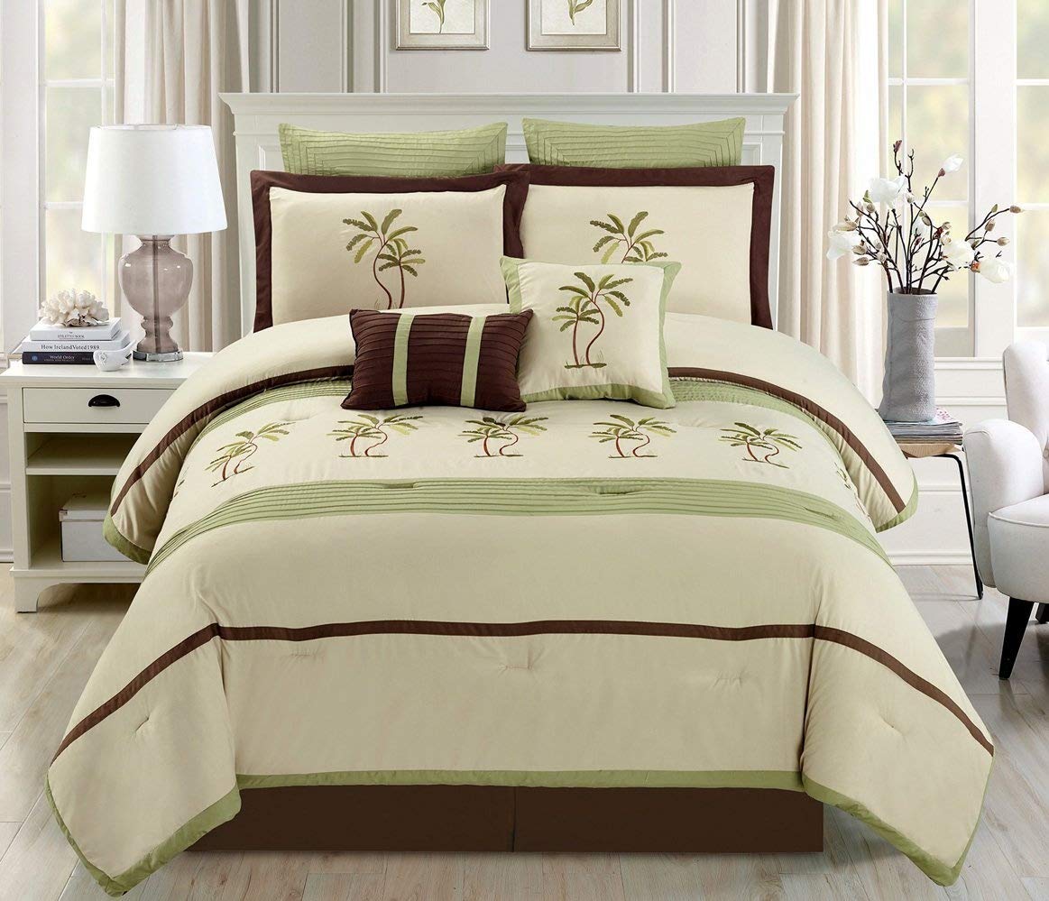 8 Piece Oversize Sage Green / Beige / Brown Tropical PALM TREE Embroidered Luxury Comforter Set King Size Bedding 104"X94"