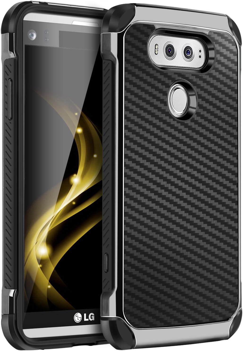 LG V20 Case, BENTOBEN 2 in 1 Cool Slim Hybrid Rugged Hard PC Resilient Strength Durable Laminated with Carbon Fiber Design Chrome Anti-scratch Shockproof Protective Case for LG V20 (2016), BLACK