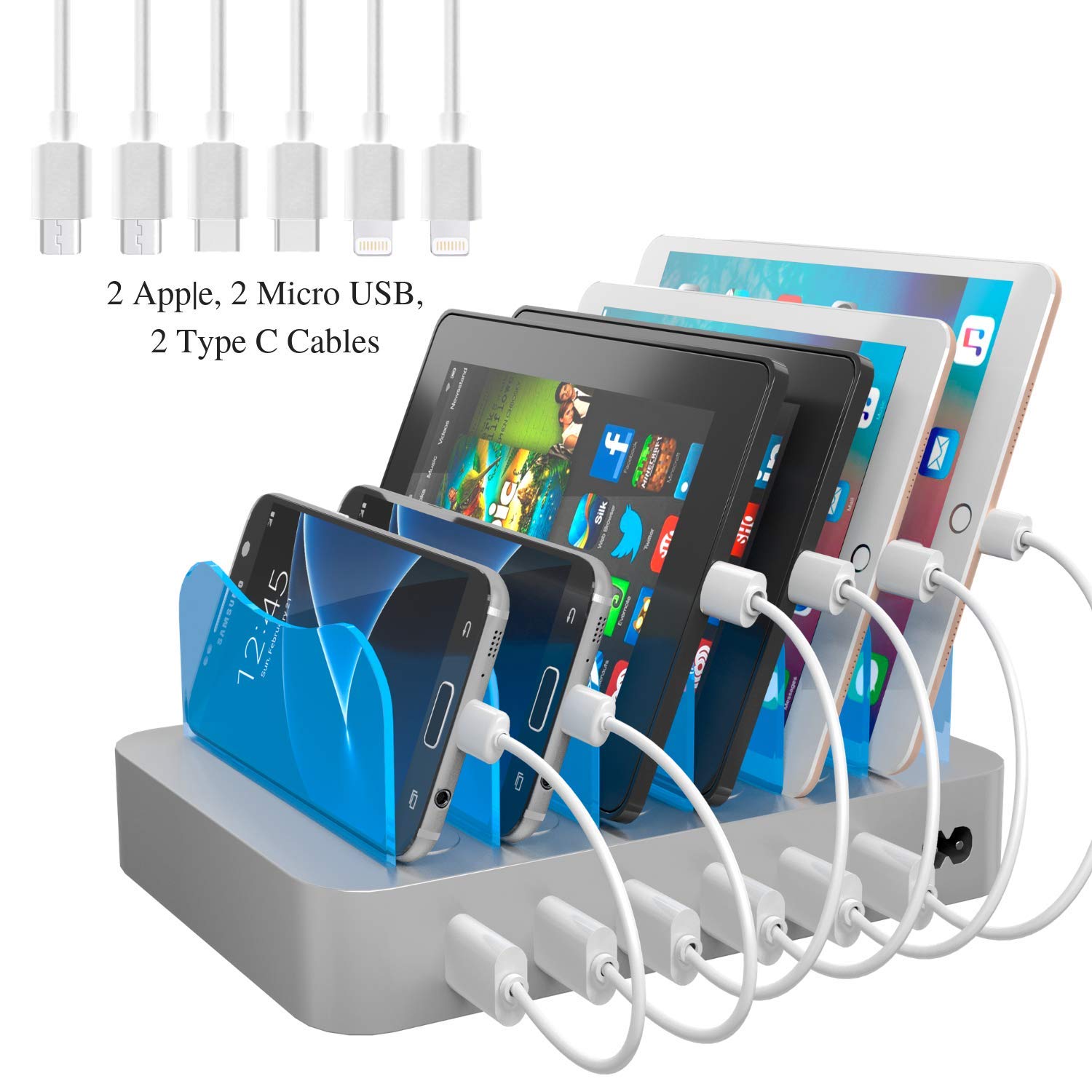 Hercules Tuff Fastest Charging Station - Great Organization Tool for Multiple Devices for Your Family! 6 USB Charger Cables Included (3 Types) - lphone, lpad, Samsung Phones, Tablets (UL Certified -