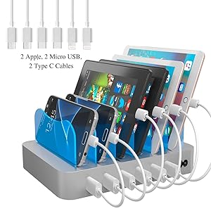 Hercules Tuff Fastest Charging Station - Great Organization Tool for Multiple Devices for Your Family! 6 USB Charger Cables Included (3 Types) - lphone, lpad, Samsung Phones, Tablets (UL Certified -