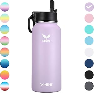 Vmini Water Bottle with New Wide Handle Straw Lid, Wide Mouth Vacuum Insulated 18/8 Stainless Steel, 32-40 oz