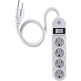 GE 14837 4 Power Strip Extension Cord, Grounded Outlets, Twist-to-Lock Safety Covers, Integrated Circuit Breaker, UL Listed, 