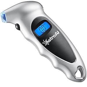 AstroAI Digital Tire Pressure Gauge 150 PSI 4 Settings Car Truck Bicycle Backlit LCD Non-Slip Grip, Silver (1 Pack)