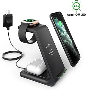 Quezqa Wireless Charging Stand – 3 in 1 Fast Wireless Charger – Qi Charging Station Dock Compatible with AirPods Pro Apple Watch Series 5 4 3 2 iPhone 11 Pro Max Xs X Xr 8(with QC 3.0 Adapter) (Black)