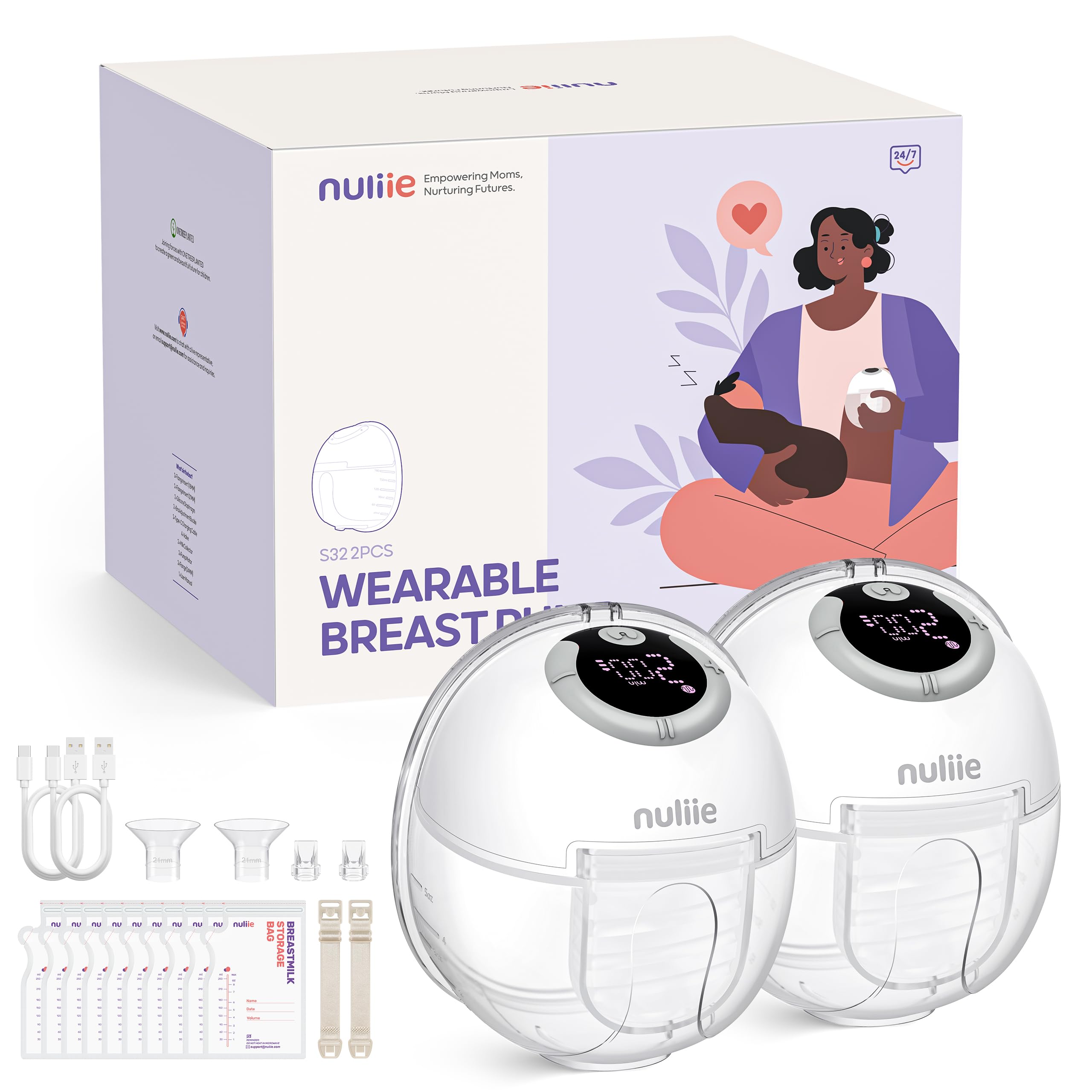 Photo 1 of Nuliie Hands-Free Breast Pump, Wearable Breastfeeding Pump 4 Modes 9 Levels with 18/21/24MM Flange, Electric Breast Pump Portable, Replaced Pumping Accessories Included (2 Packs, White)