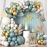 Dusty Sage Green Blue Gold Balloon Garland Kit, 107 PCS Pastel Olive Green Slate Blue Beige Metallic Gold Balloon Arch Kit fo