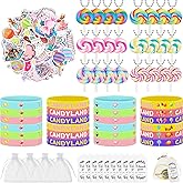 Deekin 147 Pcs Candyland Party Favors Set Include 24 Lollipops Keychains 24 Candyland Silicone Wristbands 50 Candy Stickers 2