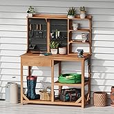 Outdoor Potting Bench Table with Drawers, Large Garden Work Bench Station, Wooden Potting Benches with 6 Storage Shelves, Sid