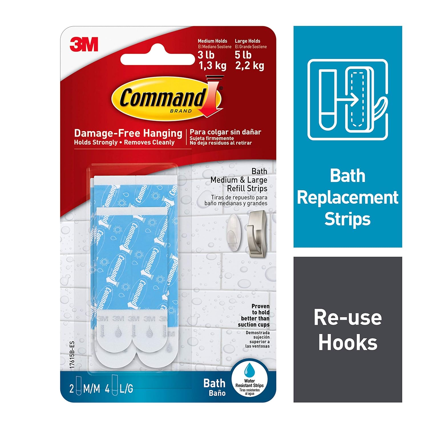 Command Bath Water-Resistant Replacement Strips, White, 2-Medium, 4-Large Strips (17615B)