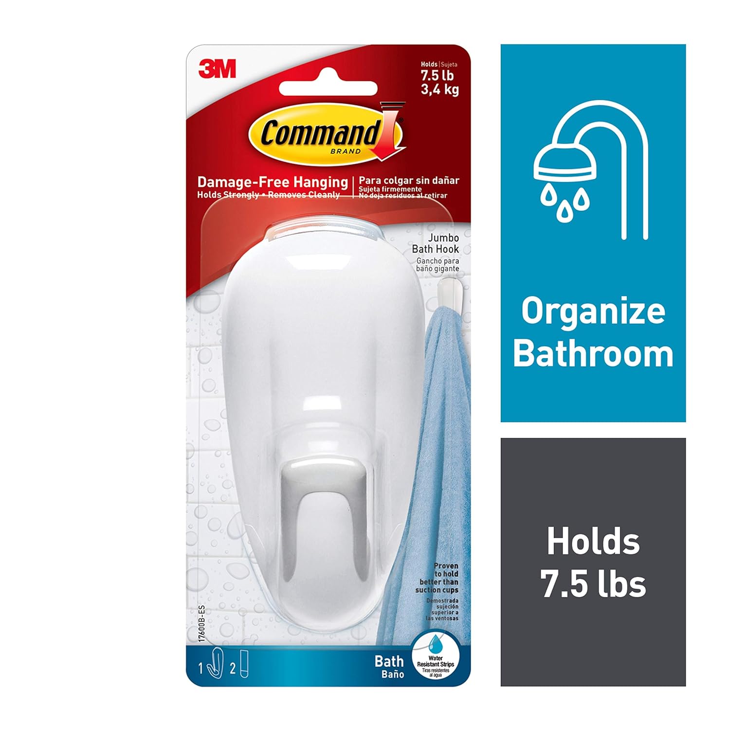 Command Bathroom Hook with Water-Resistant Strips, 1-Hook, 2-Strip, white - 17600B