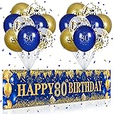 80th Birthday Decorations for Men Women Blue and Gold,Navy Blue Gold Birthday Party Yard Banner 18 PCS 80th Happy Birthday Ba