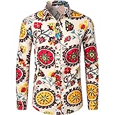 PARKLEES Men's Cotton Linen 70s Disco Retro Traditional Pattern Printed Long Sleeve Button Down Shirt