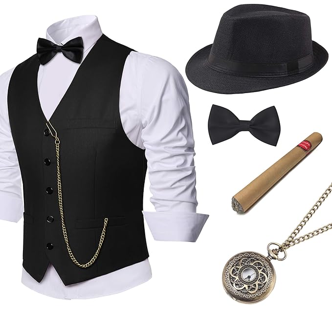 1920s Men’s Costumes: Gatsby, Gangster, Peaky Blinders, Mafia BABEYOND 1920s Mens Gatsby Gangster Vest Costume Accessories Set Fedora Hat  AT vintagedancer.com