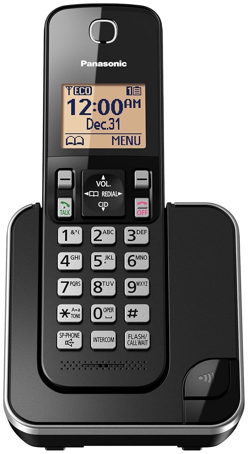 PANASONIC Expandable Cordless Phone System with Amber Backlit Display and Call Block – 1 Handsets – KX-TGC350B (Black)