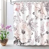 LIVILAN Pink Gray Flower Shower Curtain, Watercolor Floral Shower Curtains with Hooks White Grey Fabric Blossom Bathroom Deco