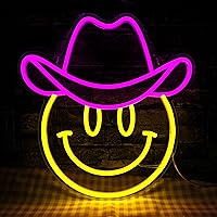 Smile Face Neon Sign,Cowboy Hat Smiling Face Neon Light for Wall Decor,Dimmable Led Sign for Bedroom Kids Room Party Pink Wal