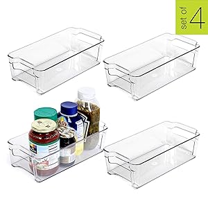 Smart Design Stackable Refrigerator Bin w/Handle - BPA Free Polyethylene - for Fridge, Freezer, Pantry Organization - Kitchen (6 x 12 Inch) [Clear] - Set of 4