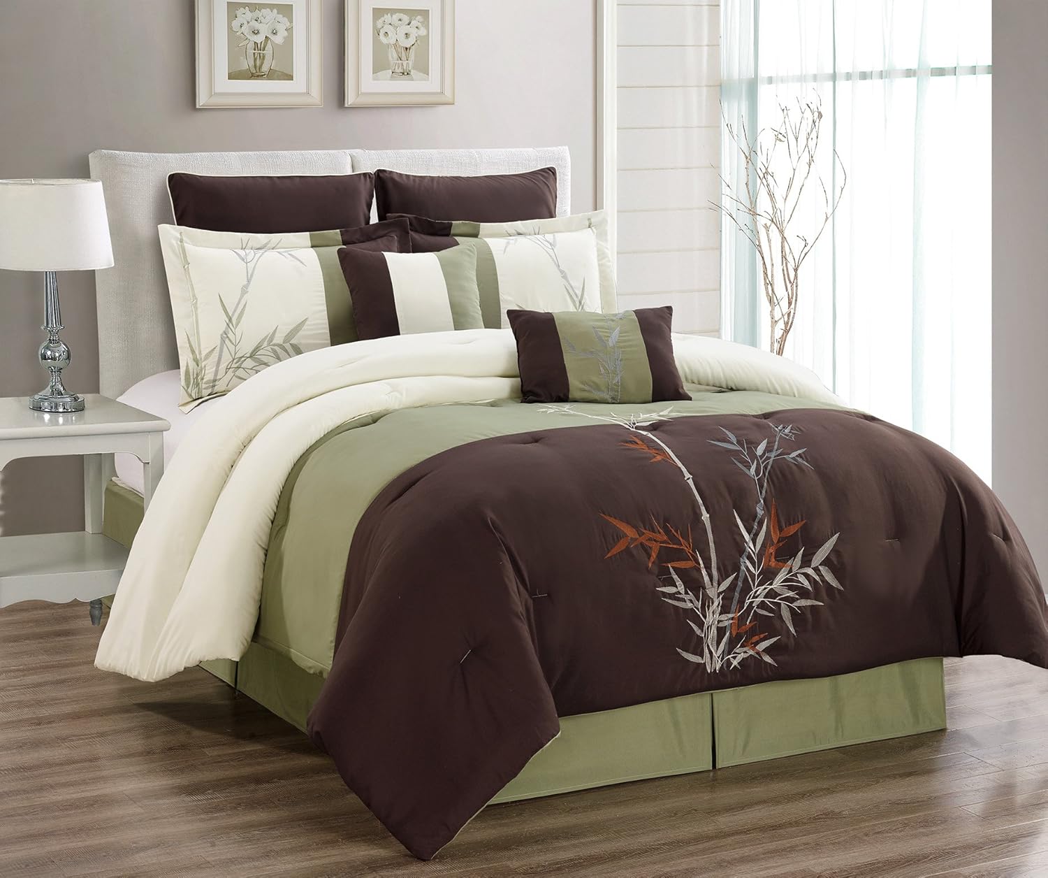 Masterplay 8 Piece Oversize Brown/Beige/Sage Green Tropical Bamboo Tree Embroidered Luxury Comforter Set Queen Size Bedding 94"X92"