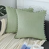 sykting Sage Green Throw Pillow Covers 18x18 inch Soft Striped Boho Farmhouse Decorative Pillow Covers with Pom Poms for Couc