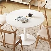 DKLGG White Round Dining Table, 31.5" Tulip Table Kitchen Dining Table 2-4 People with MDF Table Top & Pedestal Base, Mid-Cen