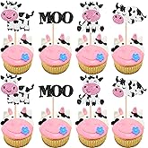 24 PCS Cow Cupcake Toppers Glitter Farm Animals Moo Cupcake Picks Cow Theme Baby Shower Kids Birthday Party Cake Decorations 