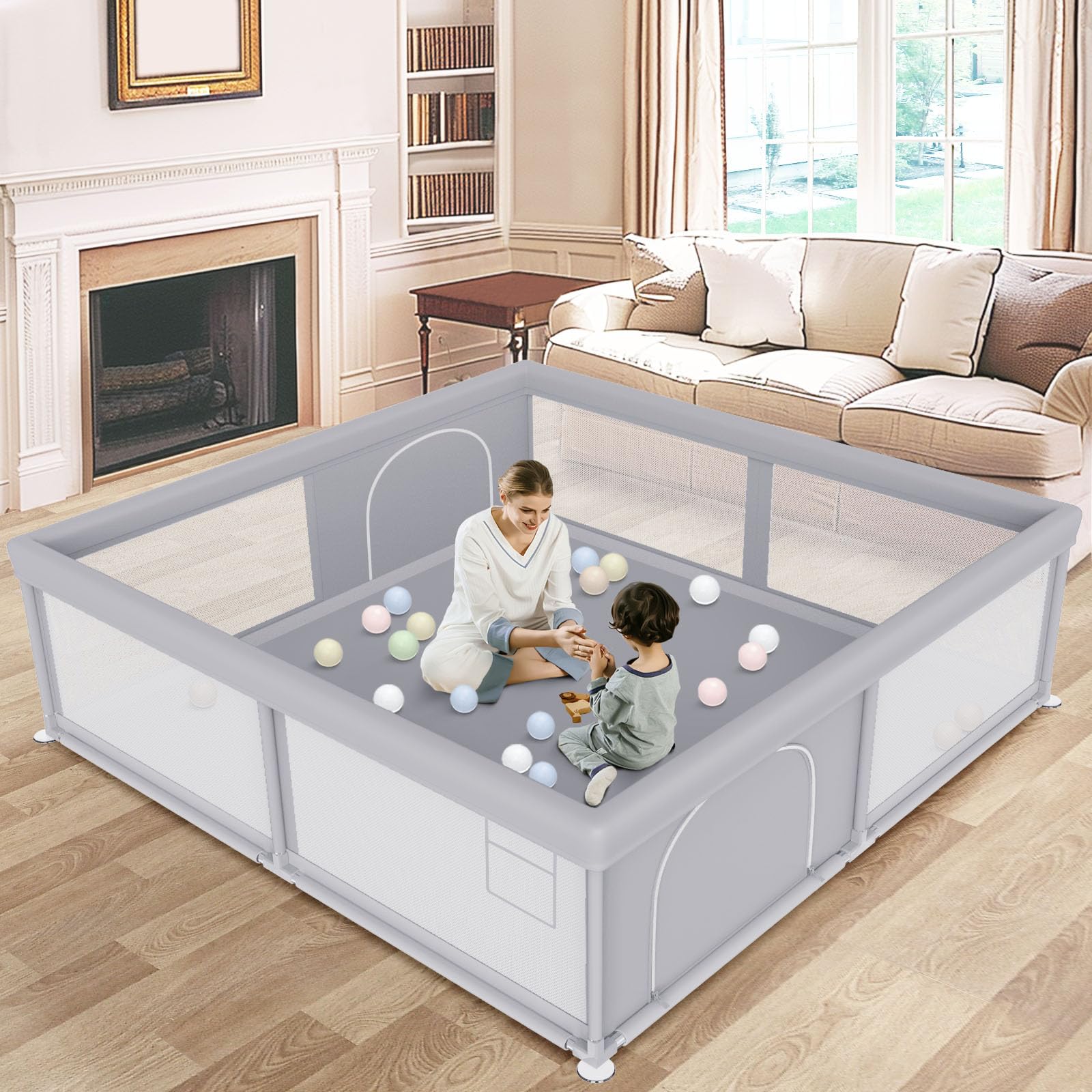 Photo 1 of besuhot Large Baby Playpen 79x79 Inch, Playpens for Babies and Toddlers, Indoor & Outdoor Extra Large Kids Activity Center, Baby Play Yard with Zipper Gates.